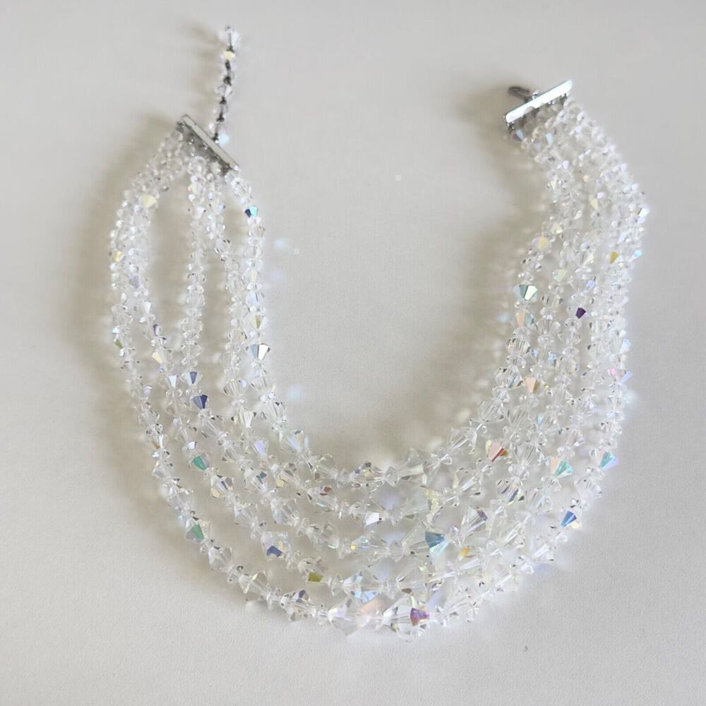 Vintage Clear Aurora Borealis AB Crystal Graduated 5 Row Multi Strand Necklace - Picture 9 of 10